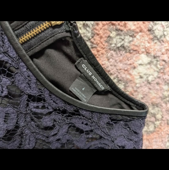 Club Monaco Navy Blue Lace Lined  Sheath Dress Leather Detail Gold Zip Size 6 - Picture 7 of 7